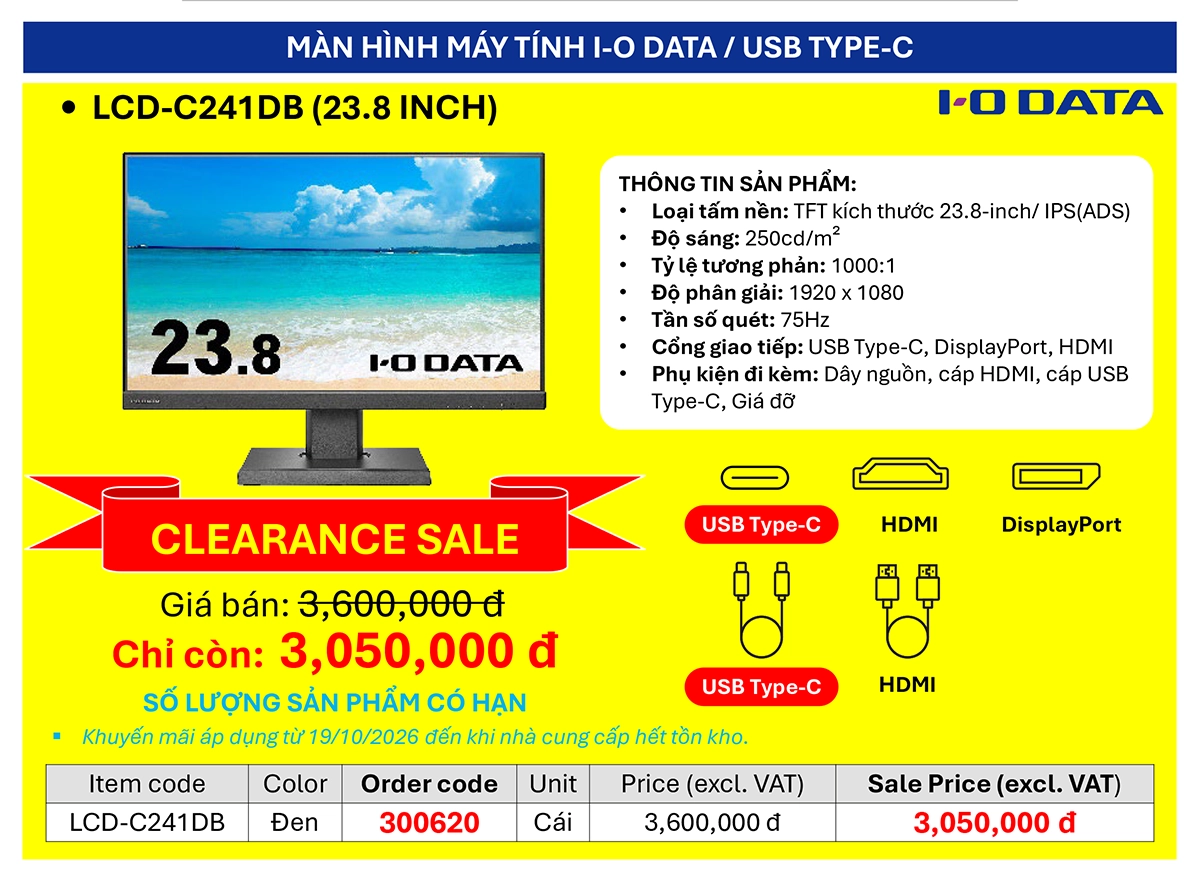 Xả Kho Màn Hình I-O DATA LCD-C241DB 23.8" Type-C Giá Rẻ