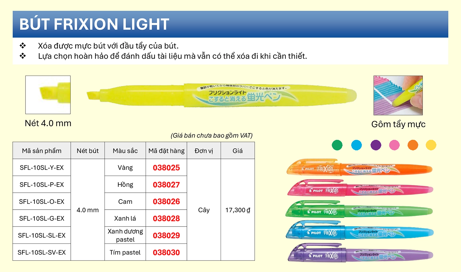 Bút dạ quang xóa được Pilot FriXion Light nhiều màu sắc pastel nổi bật