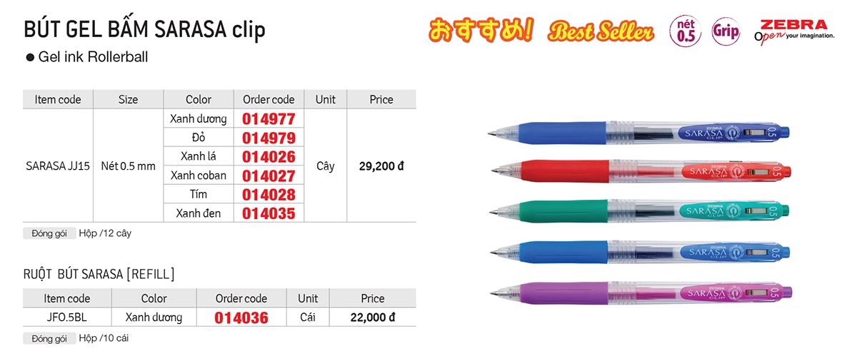 Bút gel bấm Zebra Sarasa Clip JJ15 nét 0.5mm nhiều màu sắc