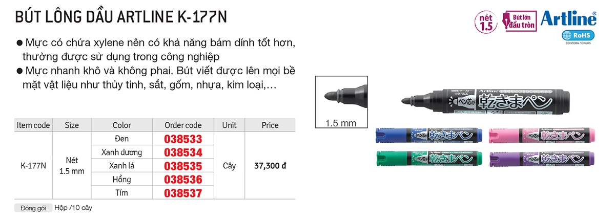 Bút lông dầu Artline K-177N nét 1.5mm nhiều màu sắc