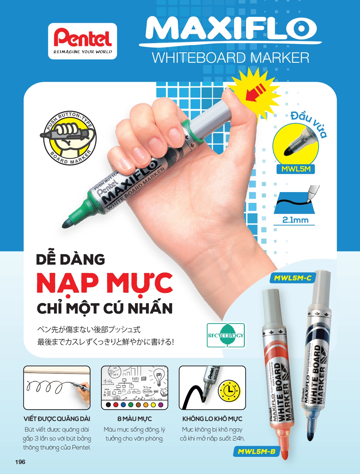 Bút viết bảng Pentel Maxiflo MWL5M nét 2.1mm chính hãng Nhật Bản