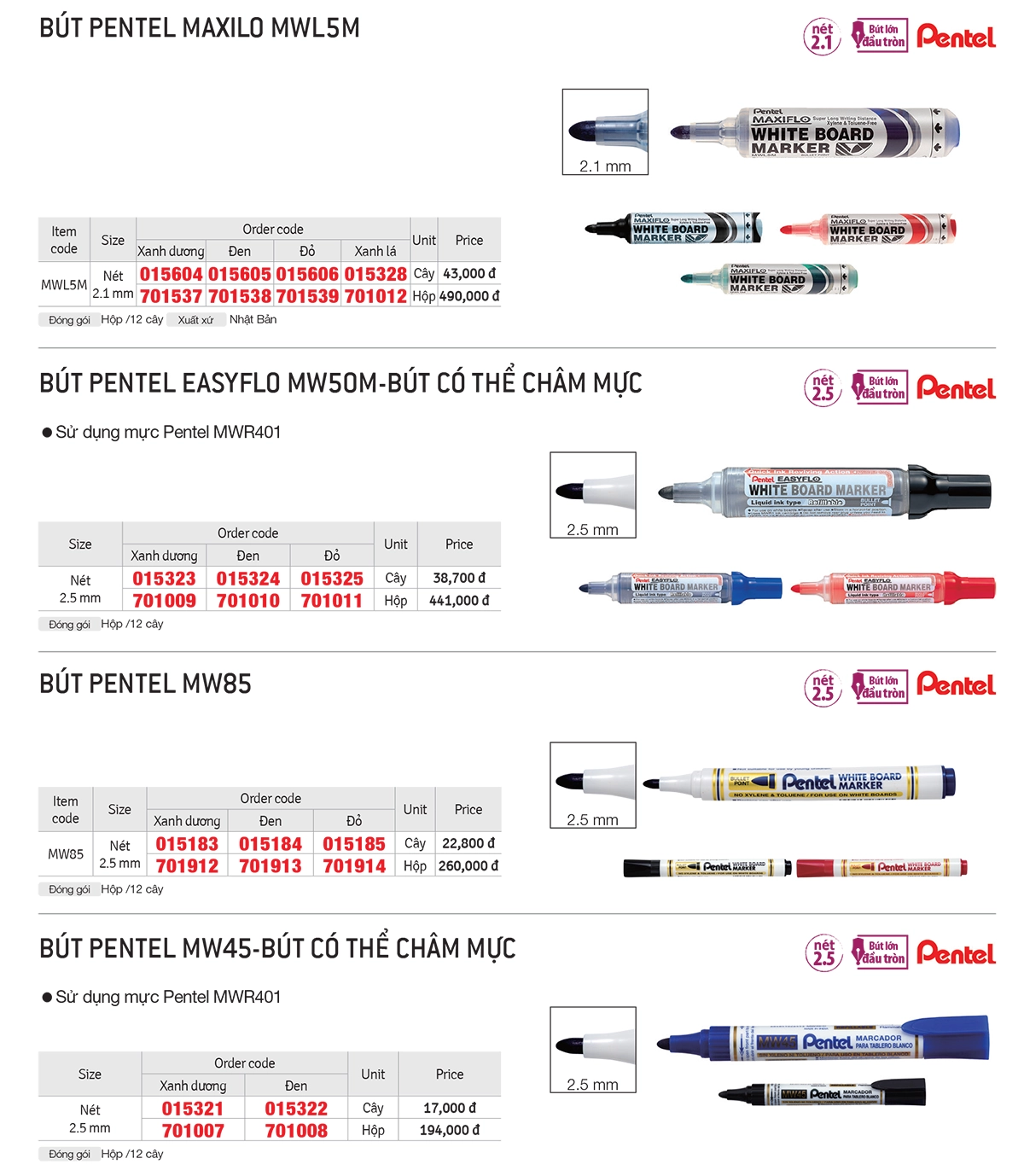 Bút viết bảng Pentel Maxiflo MWL5M nét 2.1mm chính hãng Nhật Bản