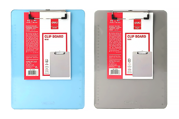 Deli clear plastic clipboard 9256 in A4 size with vertical orientation blue and gray color choices and integrated ruler markings
