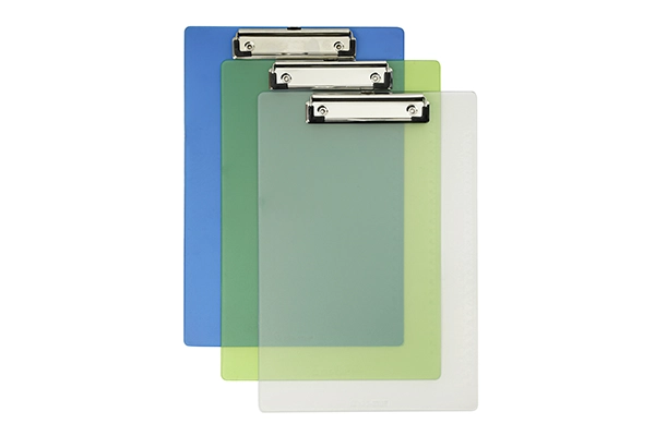 King Star A4 rigid plastic single clipboards in blue green and white color options featuring vertical layout and integrated printed ruler scales