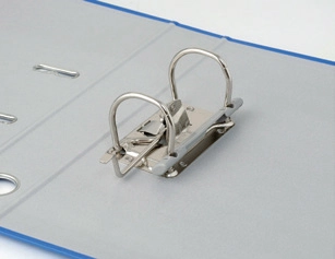 Sturdy metal lever arch mechanism with a document clamp inside the blue Kokuyo lever arch file from image_0fe085.png