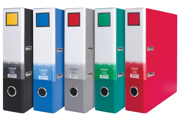 Assorted colorful King Jim lever arch files dedicated for office document storage