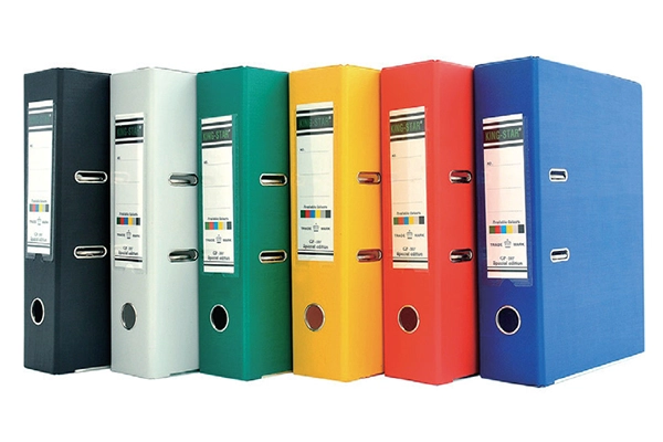 Colorful collection of premium double sided simili King Star lever arch files neatly arranged on a corporate office storage shelf 
