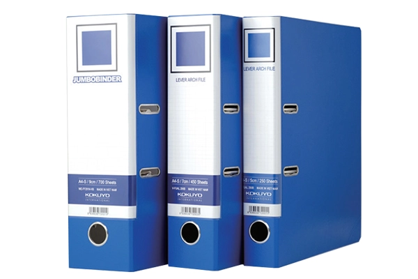 Three pieces of blue Kokuyo lever arch files in A4 and FC sizes with 5cm 7cm 9cm spine widths lined up next to each other from image_0fe085.png