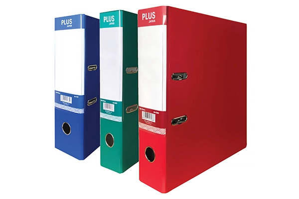 Three pieces of PLUS standard PP lever arch files New Version in blue green and red lined up next to each other from image_1042bd.png