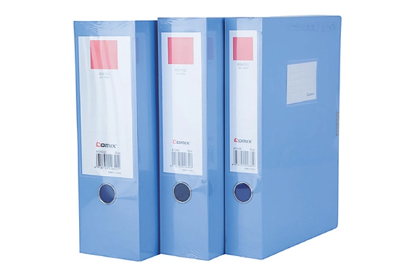 Three blue Comix A4 plastic file boxes standing upright side by side on a white background