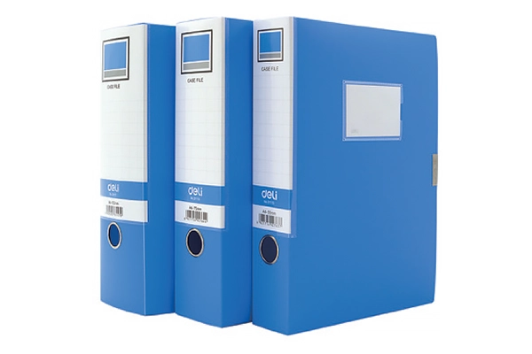 Deli A4 plastic document storage box in blue with spine thickness from 5.5cm to 15cm for office use