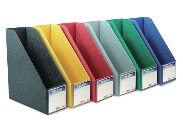 Multi-colored King Star single compartment simili covered vertical file boxes standing in a row