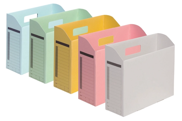 Five vibrant colored Plus horizontal paper file boxes for office document storage arranged in a line