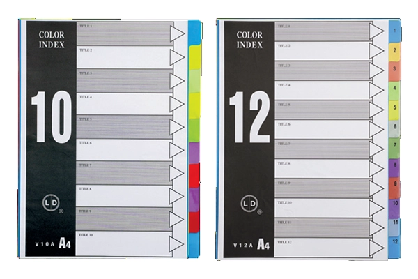 A4 plastic index divider set in 10-tab unprinted and 12-tab printed versions for office use