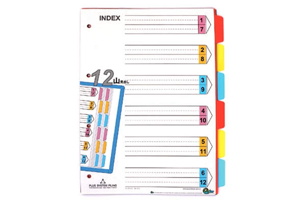 PLUS plastic tab dividers A4 size with 6 color-coded numbers and 4 holes for office ring binders.