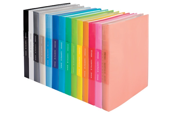 Various delicate colors of King Jim 186 A4 clear books arranged next to each other on a document shelf