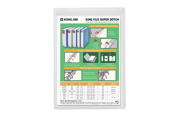 A4 King Jim flapless gusseted plastic document pouch in portrait format with zipper closure and 10mm wide bottom for office use