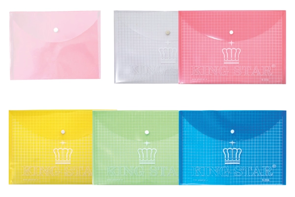 King Star 1-pocket plastic button envelope in F4 A4 A5 size clear flexible checkered pattern format with multiple colors for corporate office use