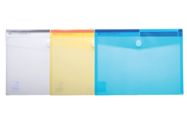 Deli No.5504 A4 landscape plastic button envelope in multiple transparent colors with a press stud closure for office document protection