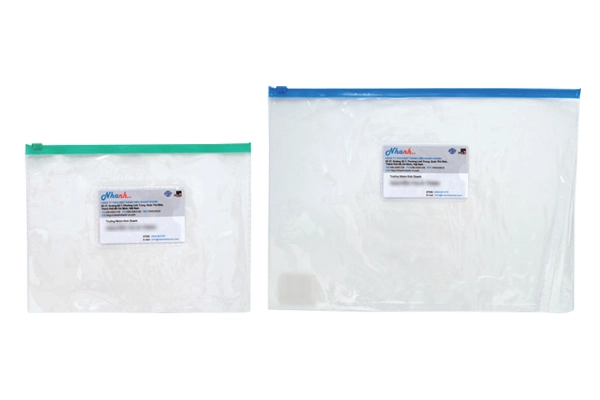 Transparent flexible plastic Stacom zipper bag in A4 and A5 sizes with a convenient front name card pocket for office use