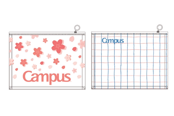 Campus Kokuyo zipper bag in A4 size with elegant cherry blossom and grid line patterns for office use