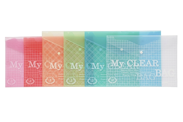 My Clear LD plastic button envelope in multiple transparent colors with press stud closure for office document storage