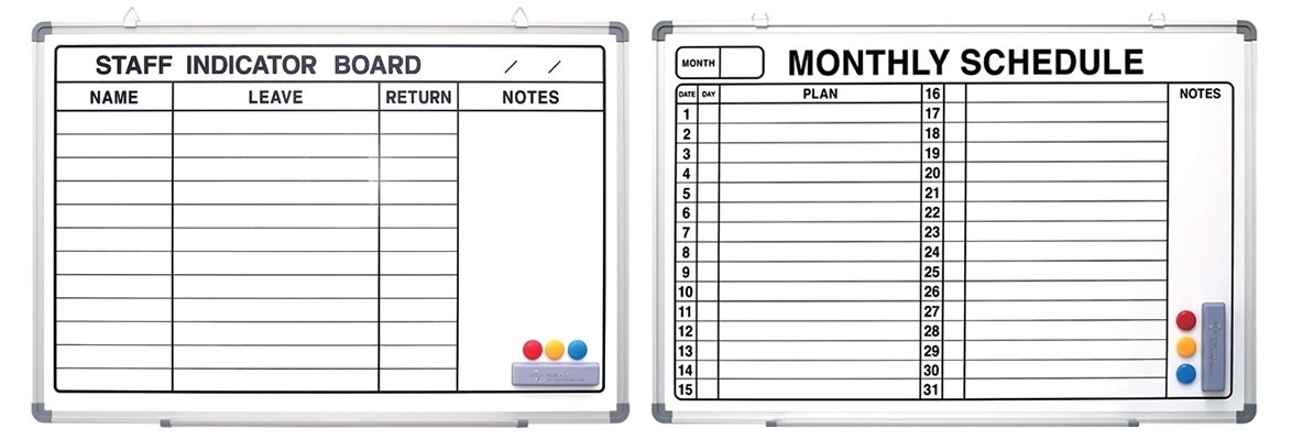 Bảng từ sắt trắng treo tường MagX in nội dung quản lý nhân sự và kế hoạch tháng khung nhôm cao cấp.