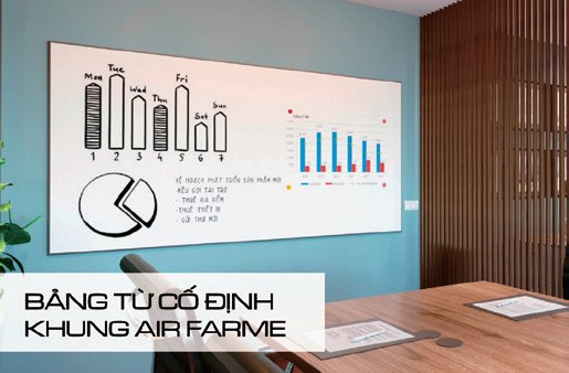 Bảng từ trắng khung nhôm siêu mỏng Air Frame THẾ GIỚI BẢNG lắp đặt cố định tại văn phòng hiện đại.