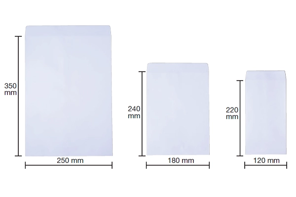 Bao thư trắng nắp đứng không cửa sổ các kích thước 120x220mm, 180x240mm và A4 cho văn phòng