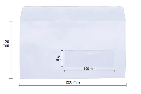 Bao thư trắng nắp ngang có cửa sổ kích thước 120x220mm định lượng 80gsm mã đặt hàng 012509 cho doanh nghiệp
