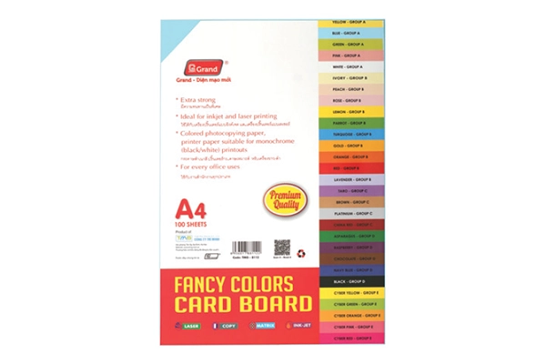 Giấy bìa Grand Fancy Colors Card Board định lượng 160gsm khổ A4 và A3.