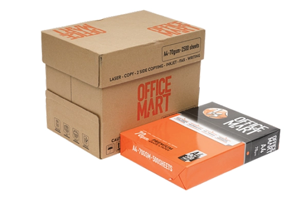 Giấy in Office Mart A4 định lượng 70gsm đóng thùng 5 ream chuyên dụng cho văn phòng.