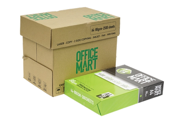 Thùng carton và ream giấy in văn phòng cao cấp Office Mart A4 định lượng 80gsm màu xanh lá cây