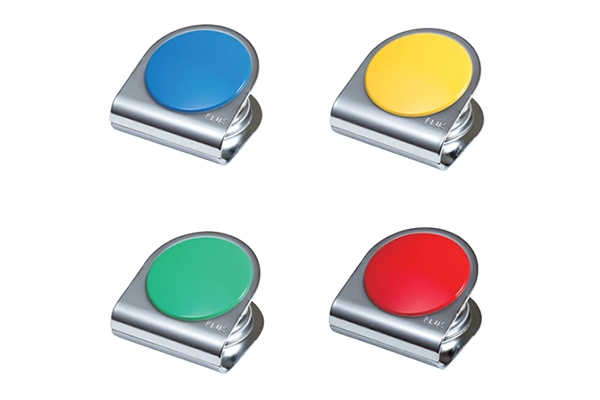 Kẹp kim loại có nam châm PLUS nhiều màu sắc xanh đỏ vàng dùng cho bảng từ và kệ sắt văn phòng.