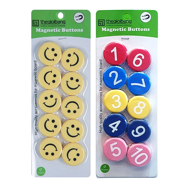 Vỉ 10 nút nam châm hình mặt cười màu vàng và vỉ nút nam châm in số nhiều màu của Thế Giới Bảng.