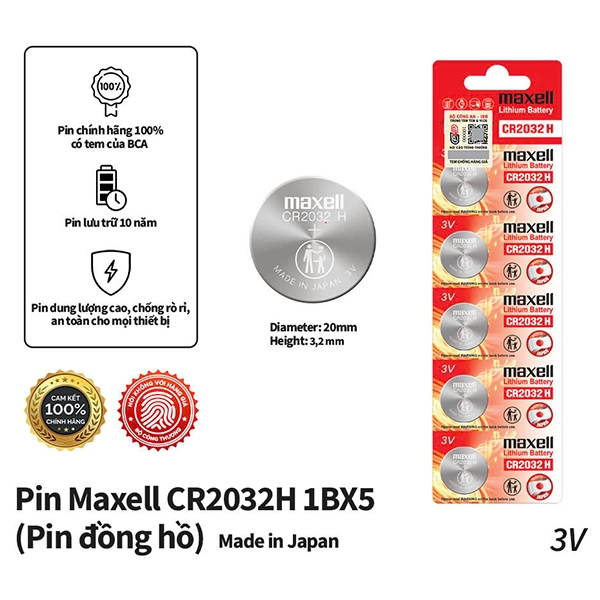 Vỉ 5 viên pin nút Lithium Maxell CR2032H 3V xuất xứ Nhật Bản