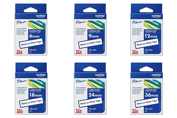 Brother P-Touch label tape black on white (White) in various sizes from 6mm to 36mm