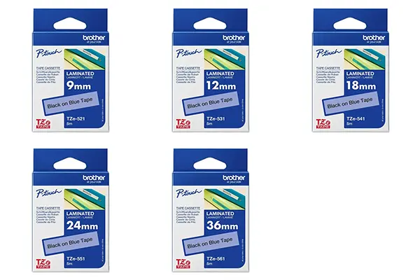 Brother P-Touch label tape black on blue Blue in various sizes from 9mm to 36mm