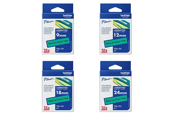 Brother P-Touch label tape black on green (Green) in various sizes from 9mm to 24mm