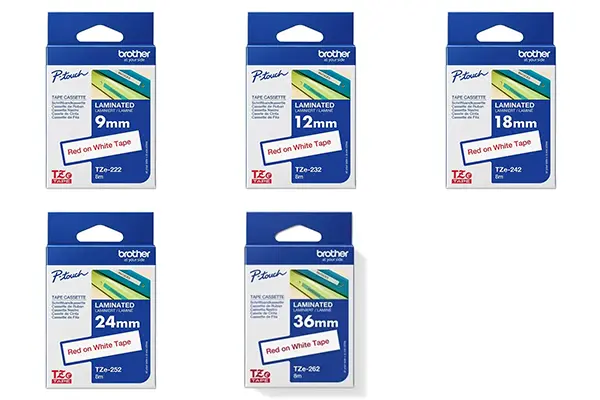 Brother P-Touch laminated label tape red on white in various sizes.