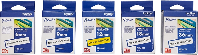 Various Brother P-Touch TZe label tape rolls in different colors and sizes from 6mm to 36mm.