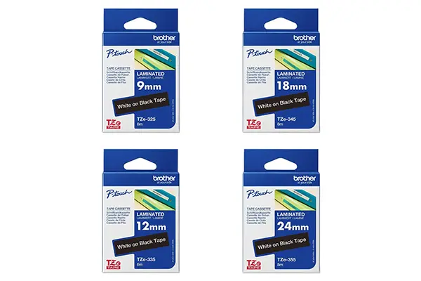Cuộn băng in nhãn Brother P-Touch chữ trắng nền đen kích thước 9mm, 12mm, 18mm