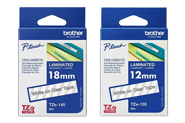 Cuộn băng in nhãn Brother P-Touch chữ trắng nền trong suốt dán trên bề mặt tối màu