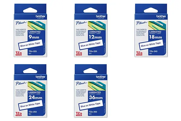 Brother P-Touch laminated label tape blue on white in various width sizes.
