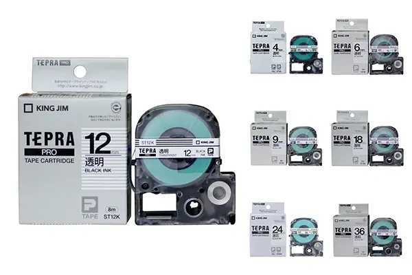 King Jim Tepra Pro laminated label tape black on clear in various widths.