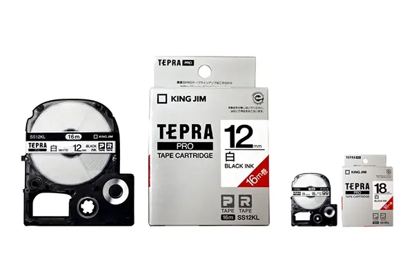 Cuộn băng in nhãn King Jim Tepra Pro dòng 16m chữ đen nền trắng bản 12mm và 18mm.