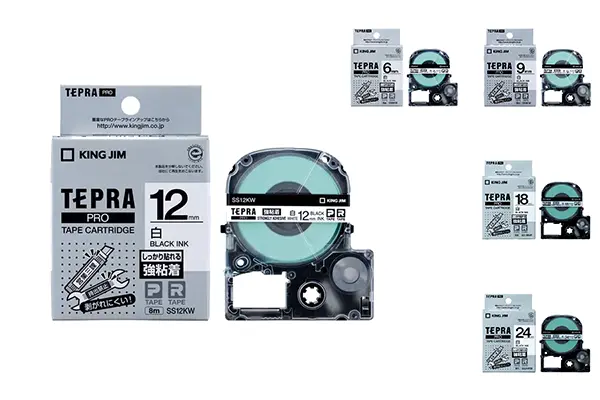 Cuộn băng in nhãn King Jim Tepra Pro dòng dính chặt chữ đen nền trắng các kích thước