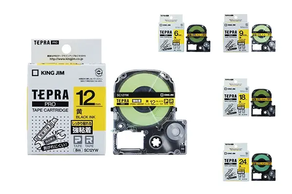 Cuộn băng in nhãn King Jim Tepra Pro dòng dính chặt chữ đen nền vàng các kích thước 6mm đến 24mm