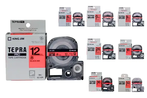 King Jim Tepra Pro SC-Series laminated label tape black on red for industrial and safety classification.