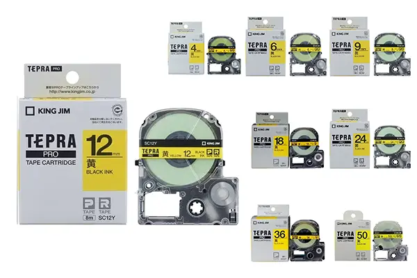 King Jim Tepra Pro SC-Series laminated label tape black on yellow for industrial warning and safety signage.